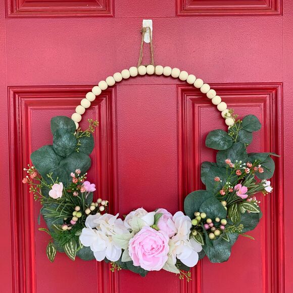 Floral Hoop Wreath: Pink Roses, Eucalyptus, Wood Beads - Boho Farmhouse Decor - Picture 10 of 10